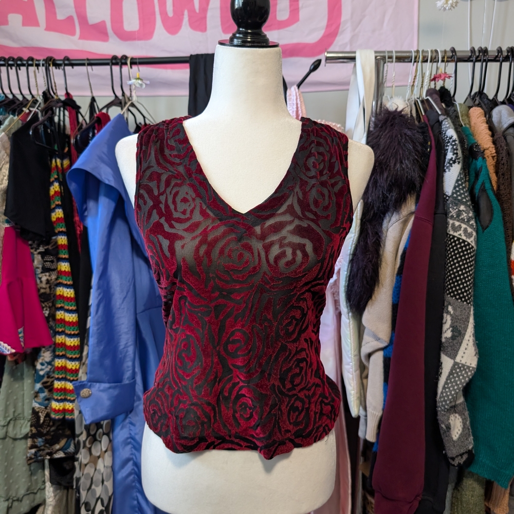 *Sold*Optionelle Red and Black Burnout Velvet Floral Top - Picture 2 of 4